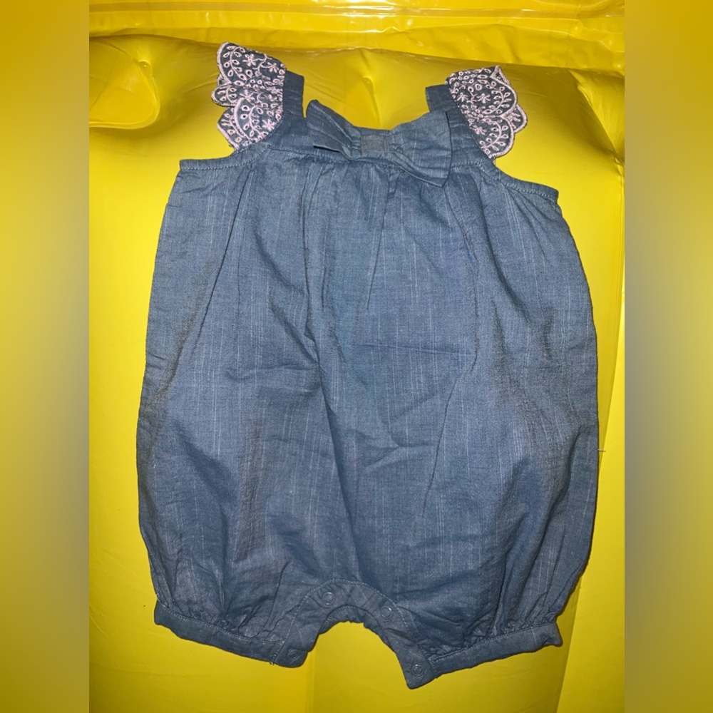 Blue Denim Baby Romper with Lace Details